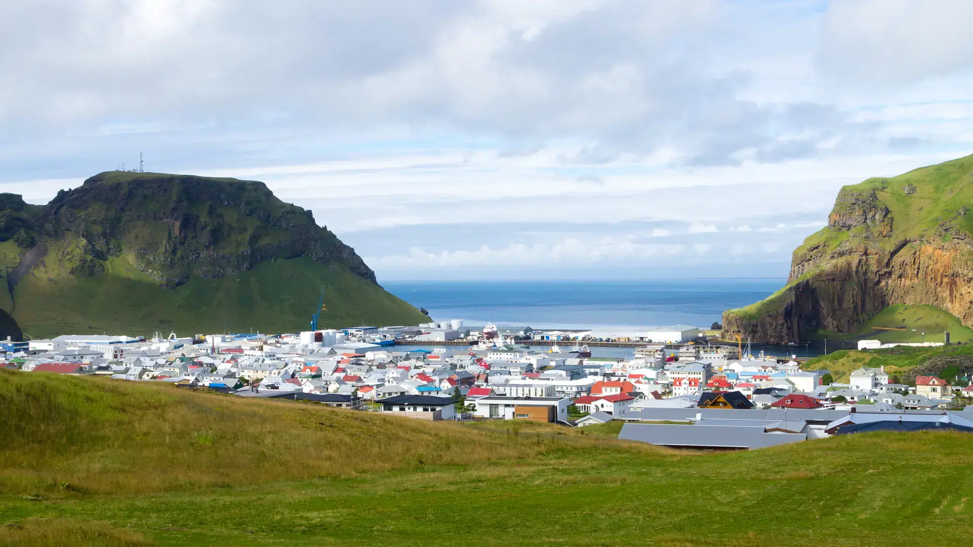 Heimaey town aerial view from Eldfell volcano. Iceland landscape. Westman Islands