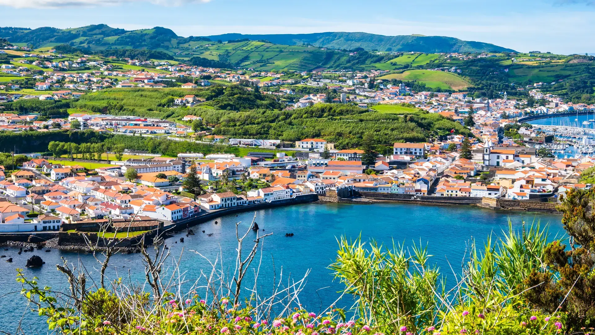 View of Horta town with port in beautiful bay, Faial island, Azores, Portugal