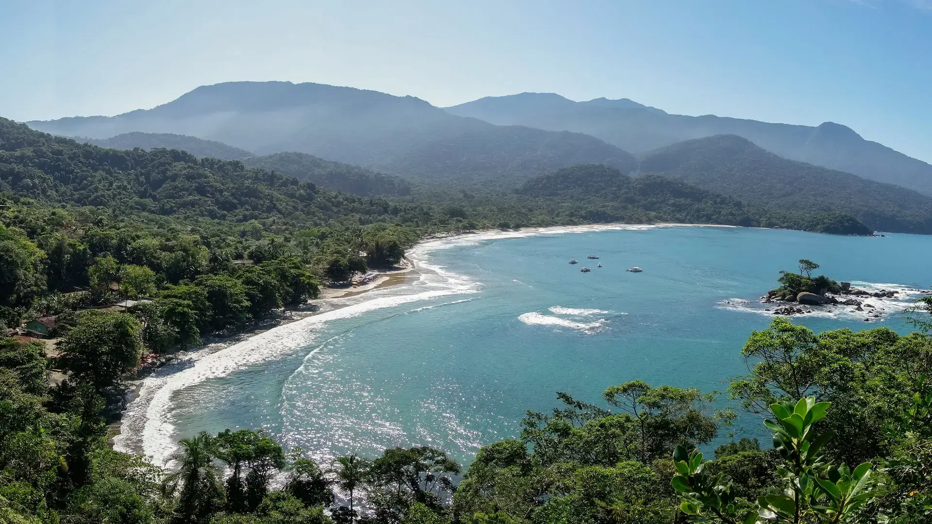 A scenic view of Castelhanos beach in Ilhabela island, Sao Paulo, Brazil