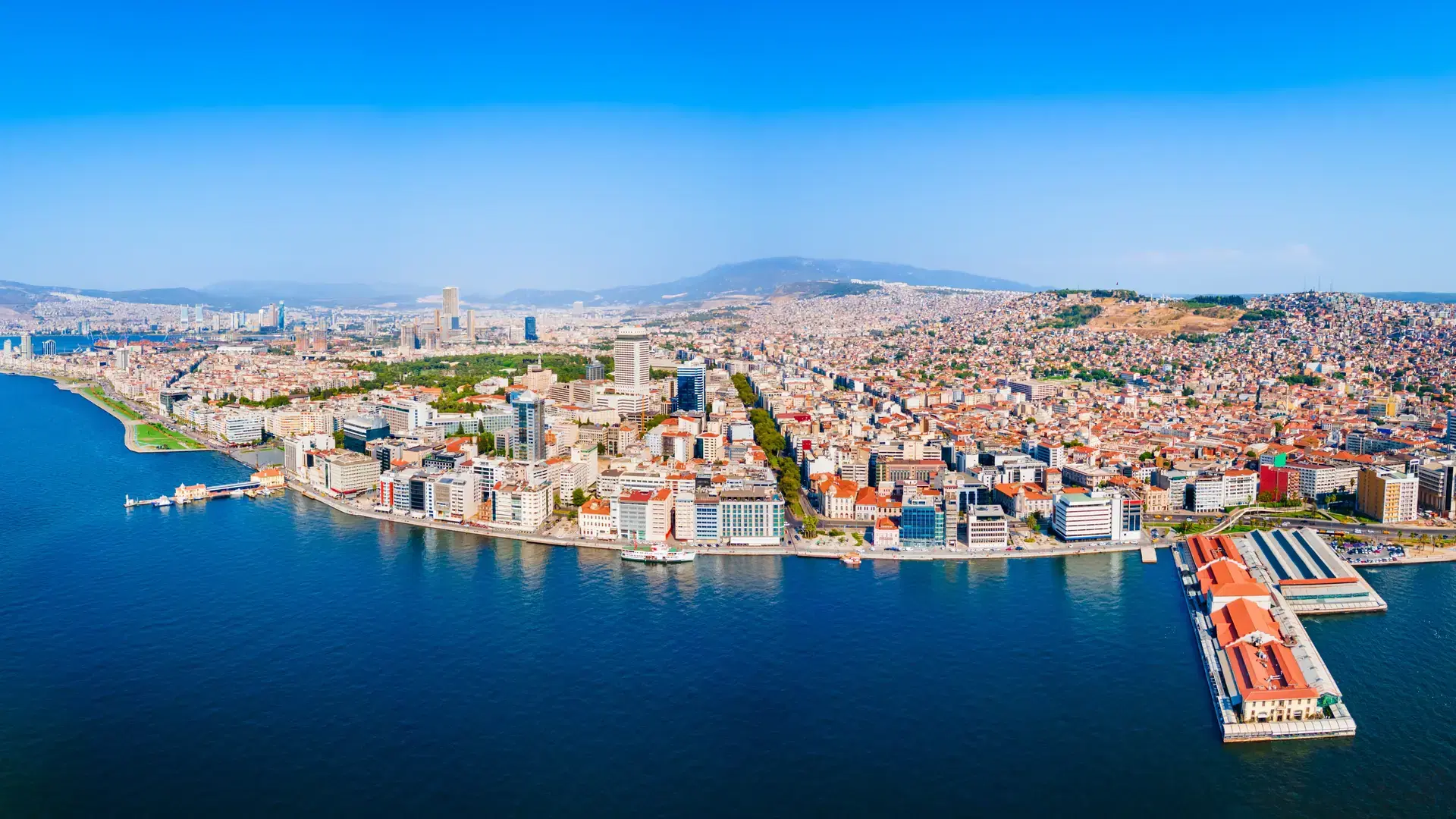 Izmir city centre aerial panoramic view. Izmir is a metropolitan city on the west coast of Anatolia and capital of Izmir Province in Turkey.