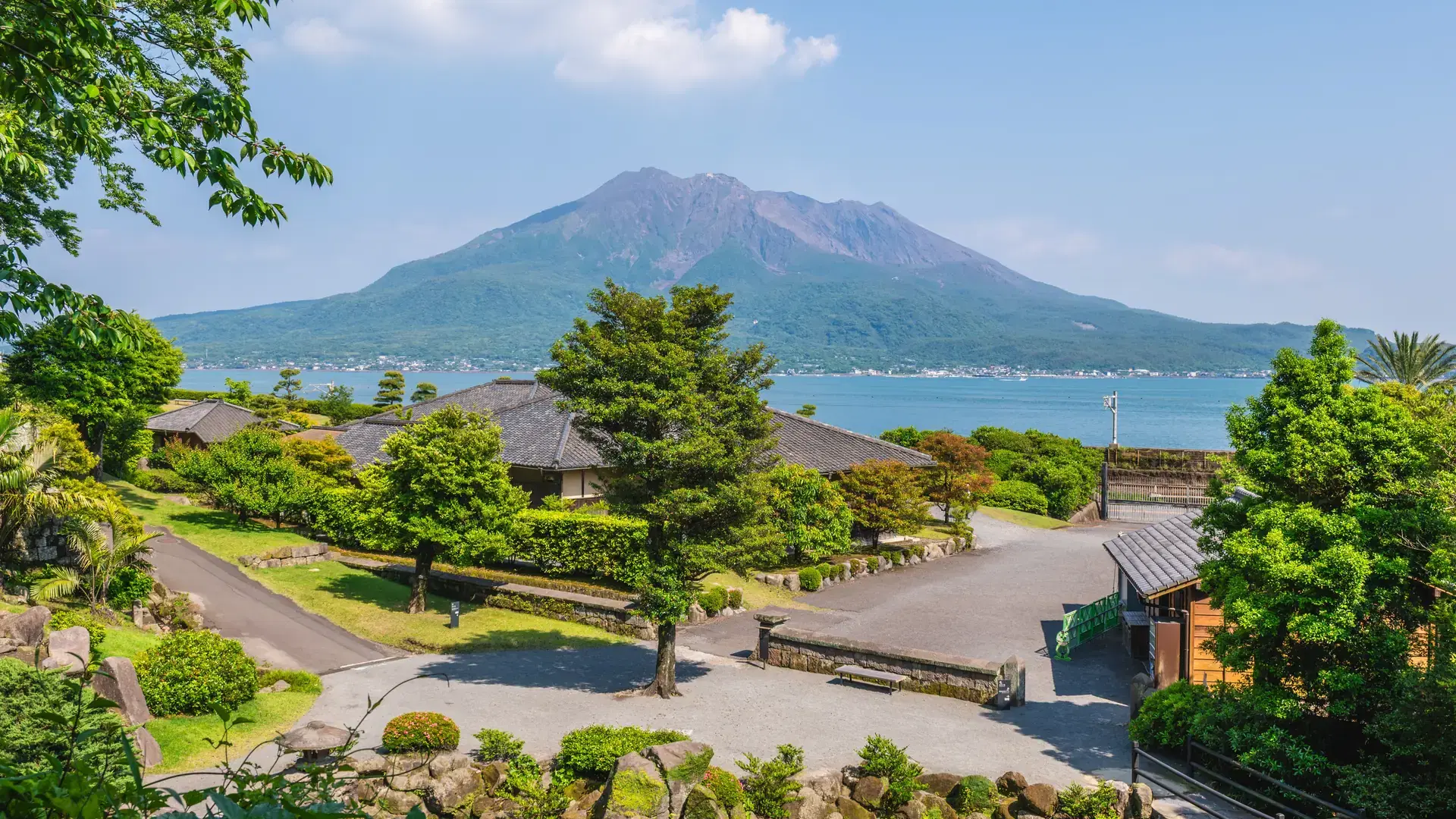 Scenery of Sengan en with Sakurajima as background, Kagoshima, Kyushu, Japan