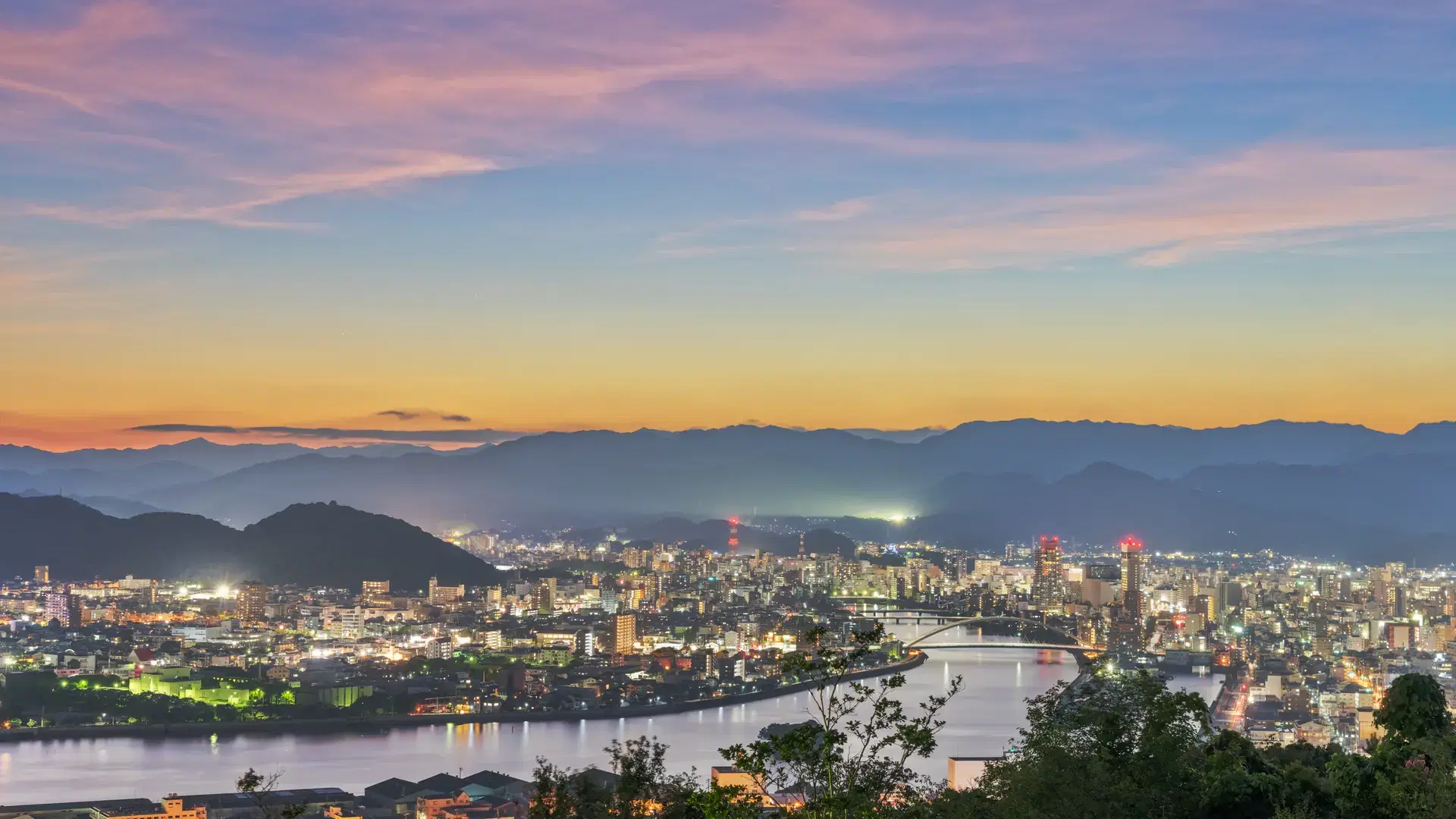 Kochi, Shikoku, Japan downtown city skyline at dusk.