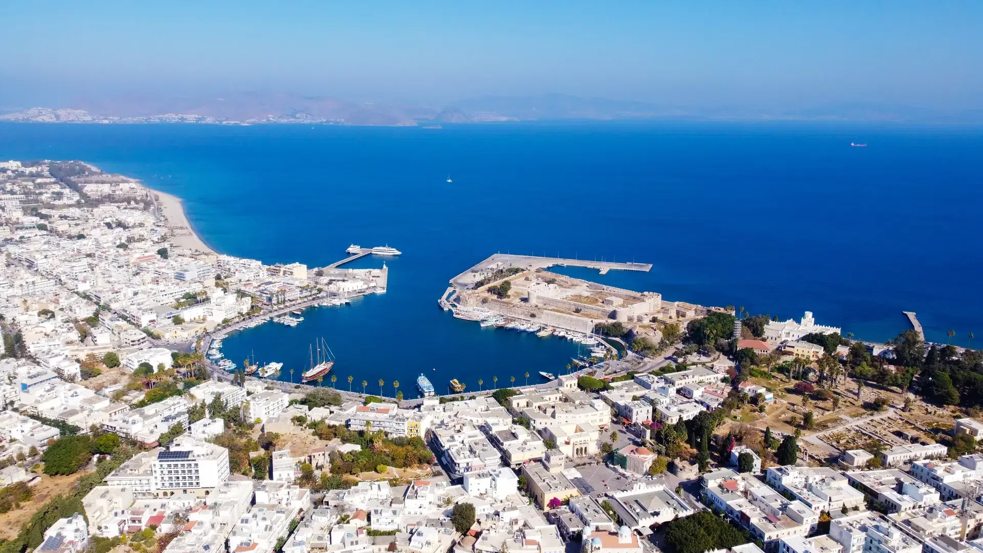 Kos island town and harbor from above. İstankoy harbor - Greece