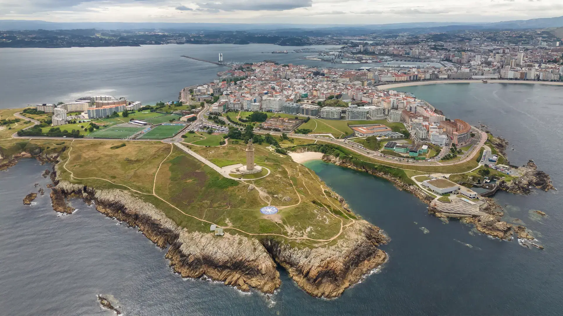 Tower of Hercules in A Coruna, Galicia, Spain. Aerial view of a historic Torre de Hercules in northern Spain. An ancient Roman lighthouse in Coruna city.