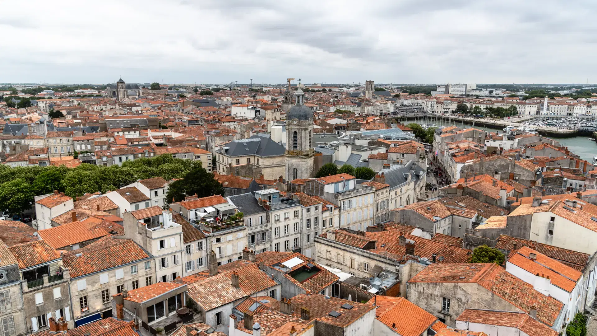 High Angle View of the Old Port of La Rochelle and the historic town a cloudy day of summer