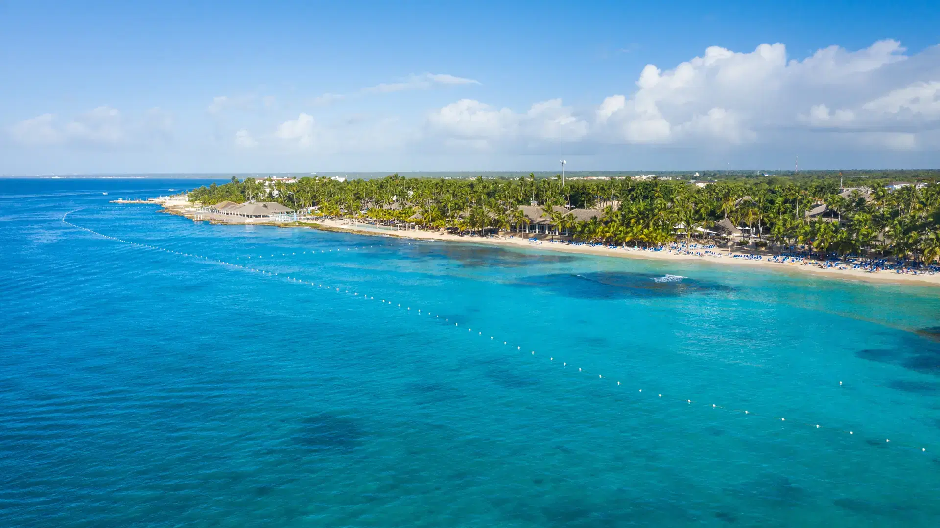 Dominicus beach at Bayahibe with Caribbean sea sandy seashore. Aerial view from drone