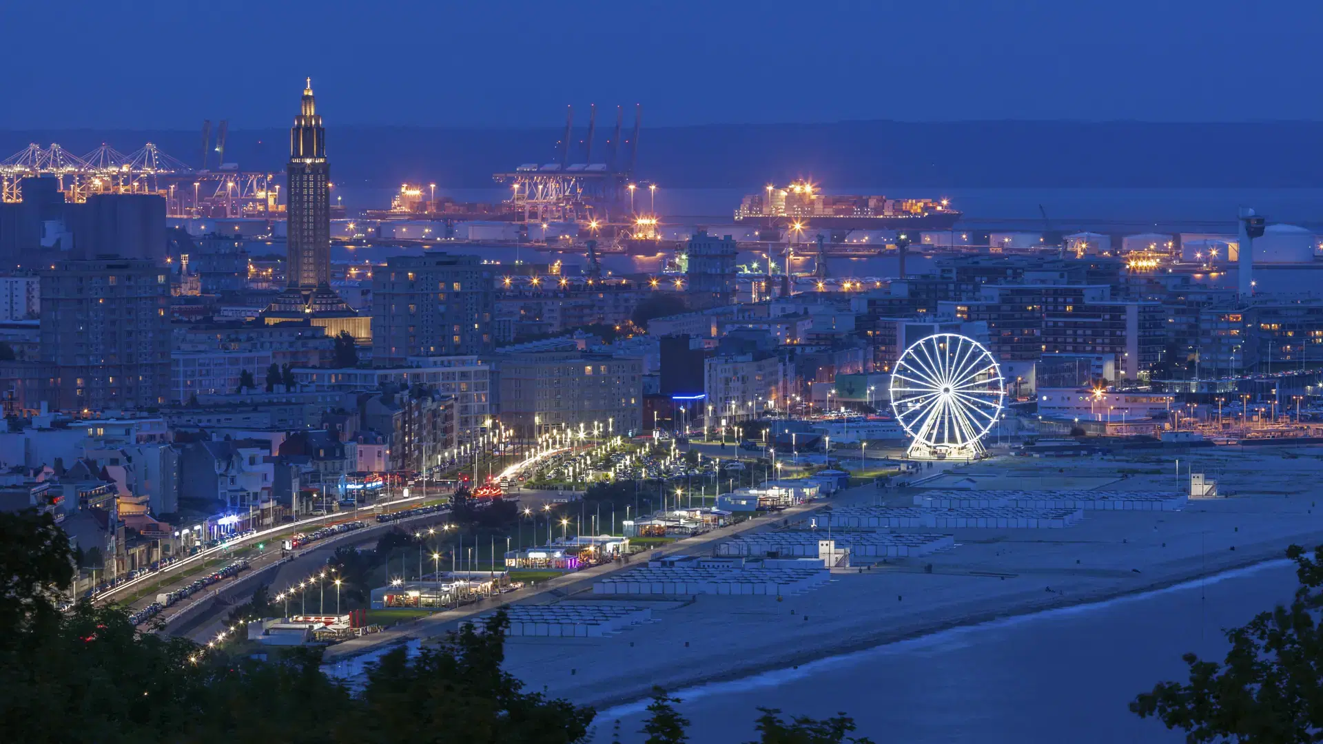 Panorama of Le Havre at night. Le Havre, Normandy, France