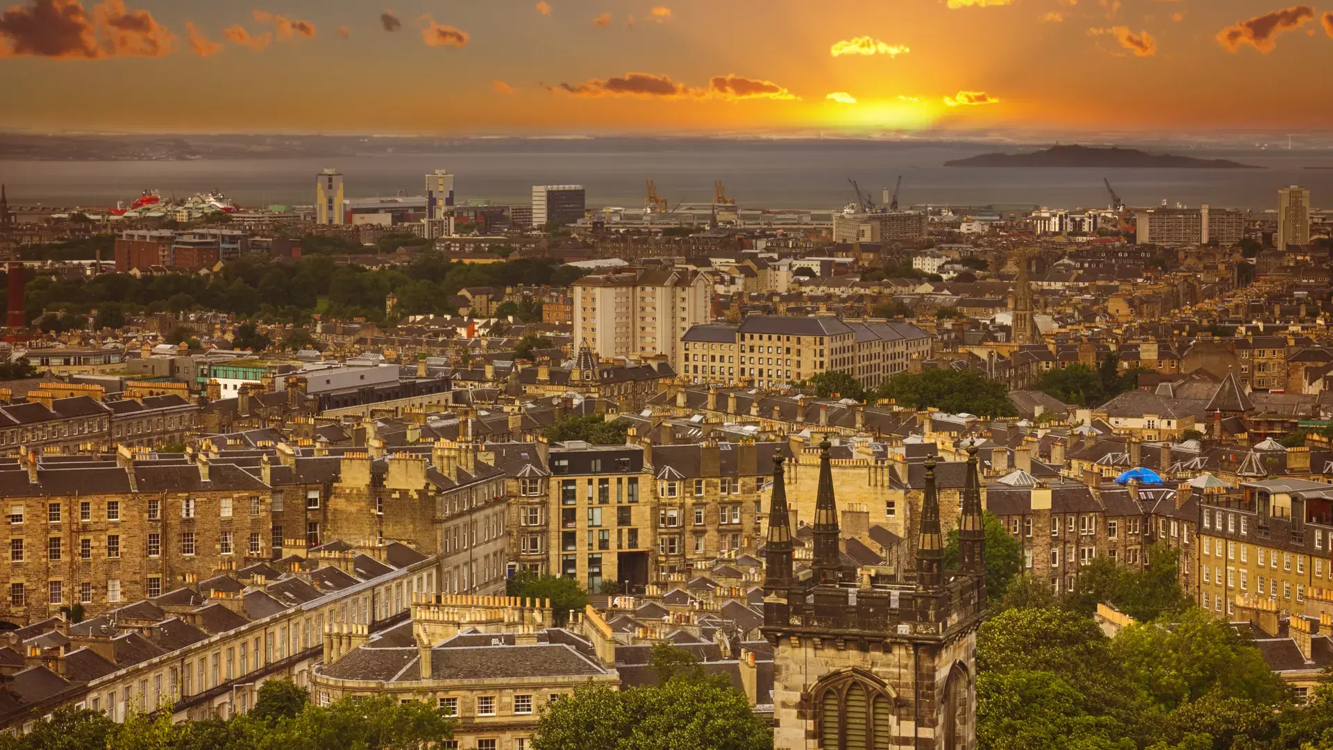Panoramic aerial view over the Leith district of Edinburgh at dusk, Scotland, UK