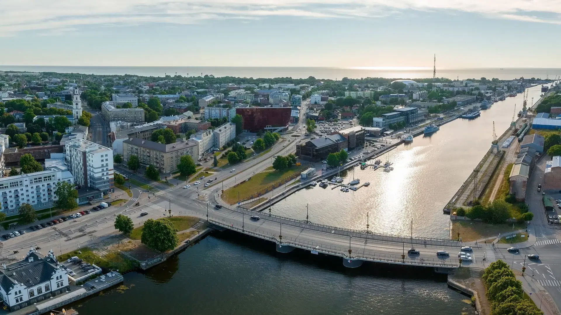 Beautiful panoramic aerial view photo of Holy Trinity Cathedral, Concert hall Great Amber city center of Liepaja city in Latvia.