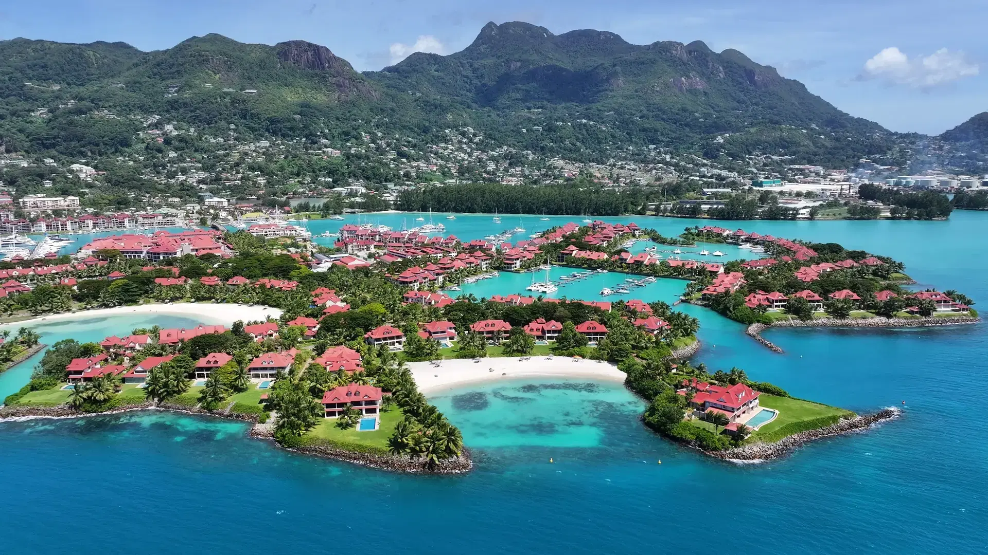 Eden Island At Victoria In Mahe Island Seychelles. Indian Ocean Beach. Africa Background. Victoria At Mahe Island. Tourism Landscape. Nature Seascape. Outdoors Travel.