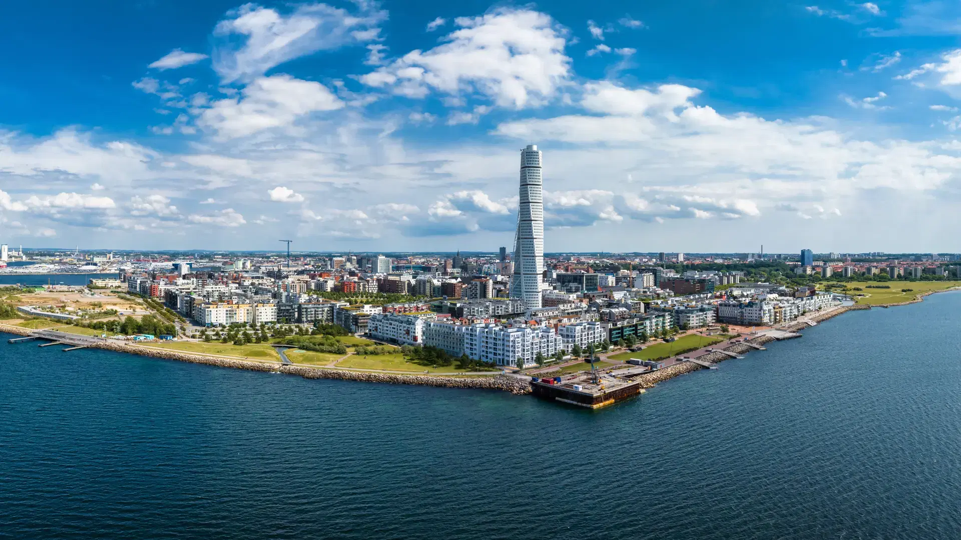 Beautiful aerial panoramic view of the Malmo city in Sweden. Turning Torso skyscraper in Malmo, Sweden.