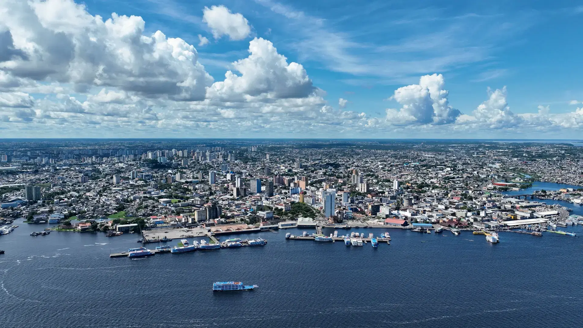 Cityscape of downtown Manaus north region of Brazil riverside Amazon river and Amazon jungle. Travel destinations. Tropical travel. Green sustainable tourism at Amazonian ecosystem.