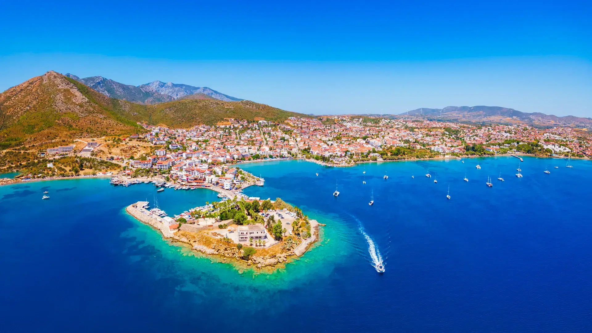 Datca city beach and marina aerial panoramic view. Datca is a resort town near Marmaris city in Mugla Province, Turkey.