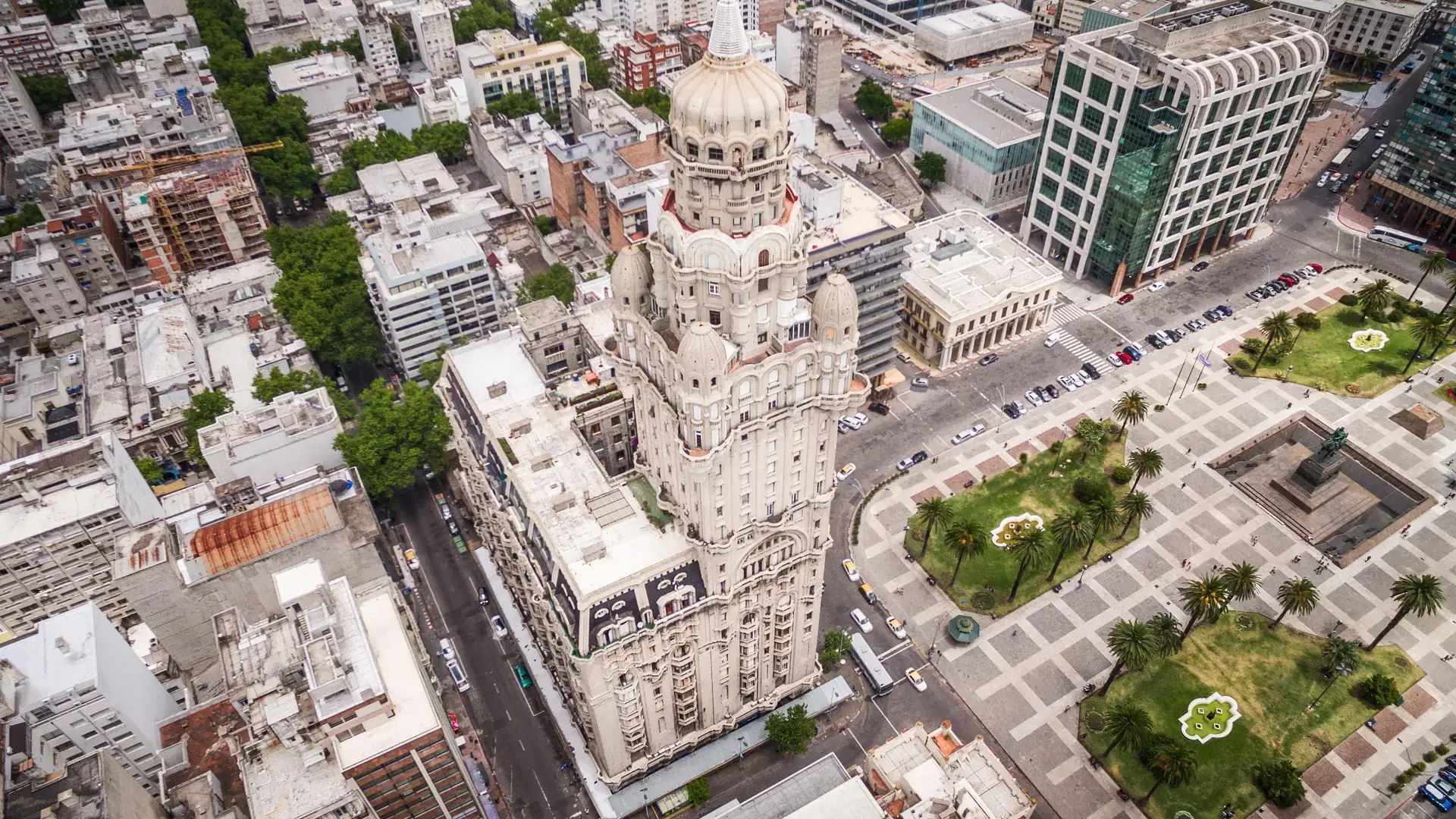 Montevideo, Uruguay, aerial view of Downtown buildings and Plaza Independencia.