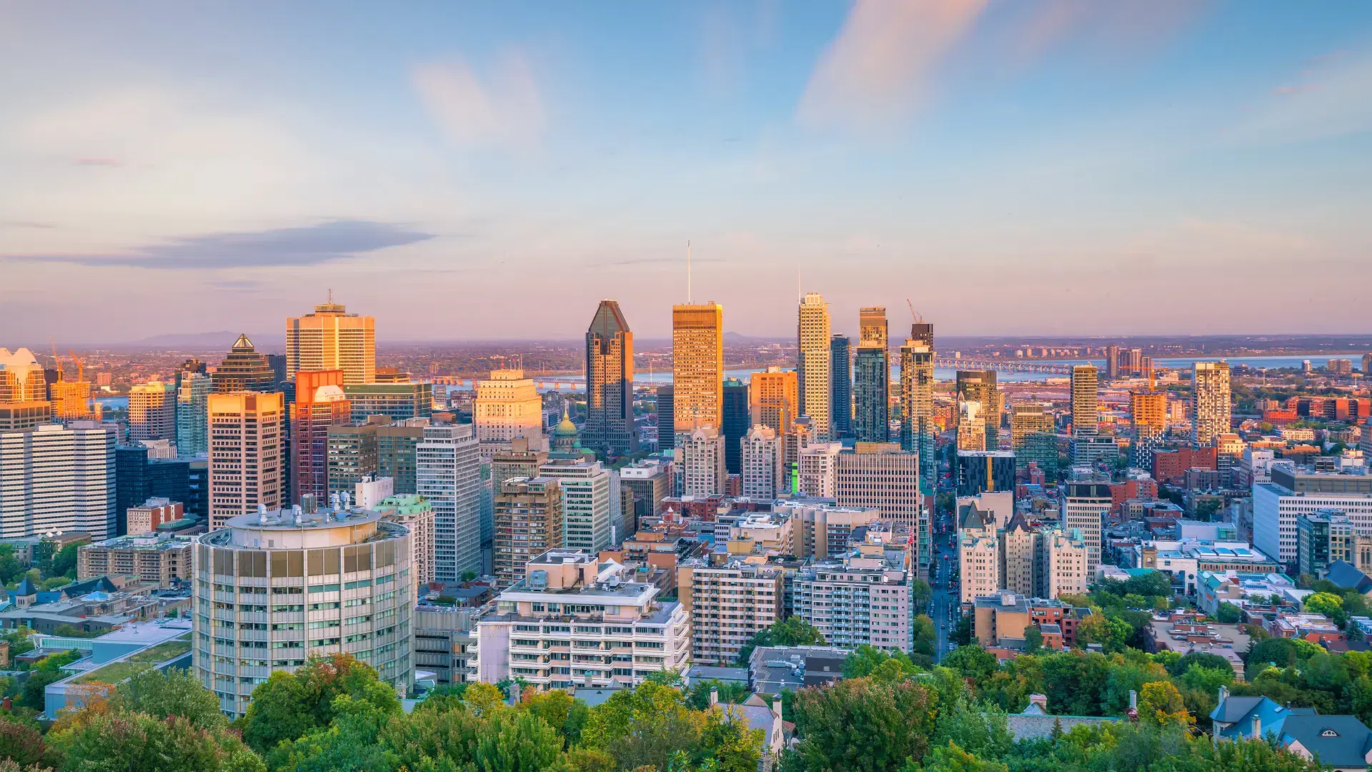 Panoramic skyline view of downtown Montreal from top view at sunset in Canada