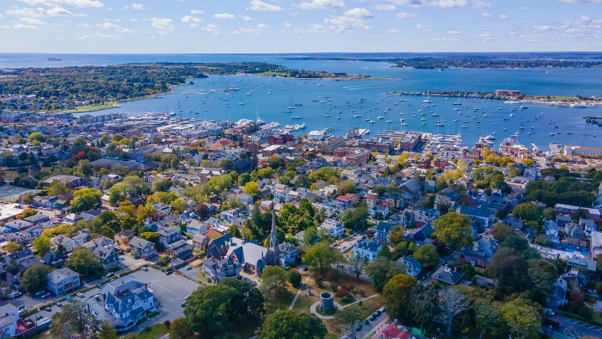 Newport Harbor aerial view in Narragansett Bay, city of Newport, Rhode Island RI, USA.