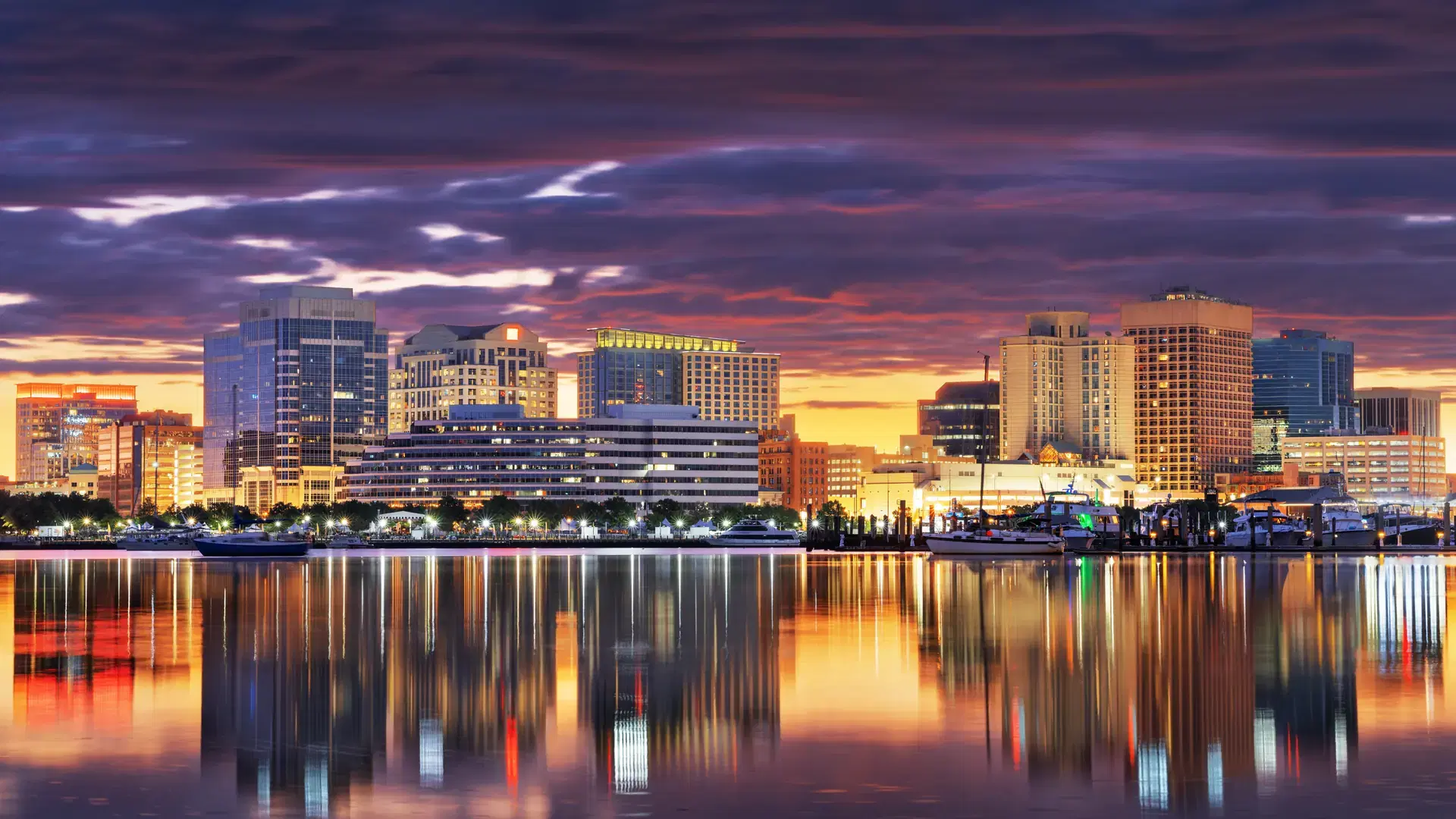 Norfolk, Virginia, USA on the Chesapeake Bay at dawn.