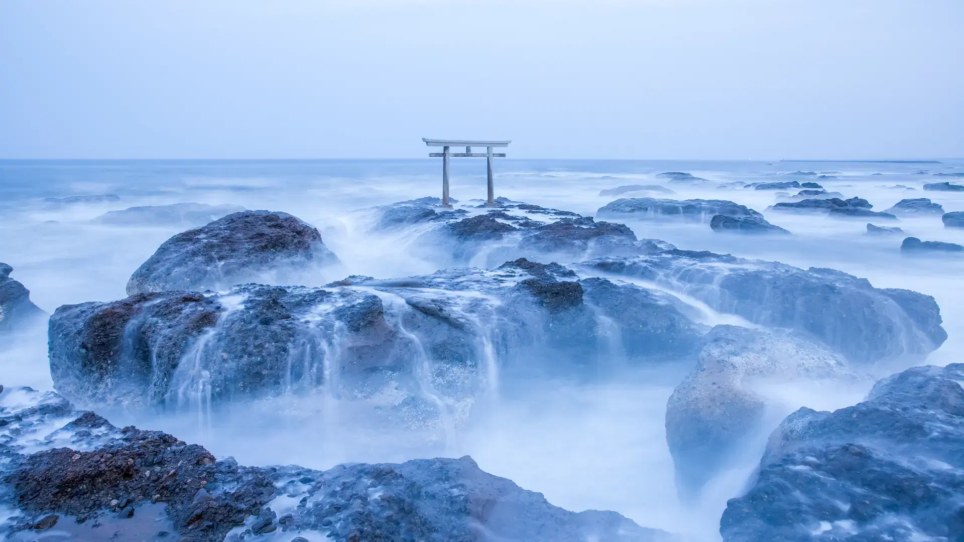 Japanese shrine gate and sea at Oarai city , Ibaraki