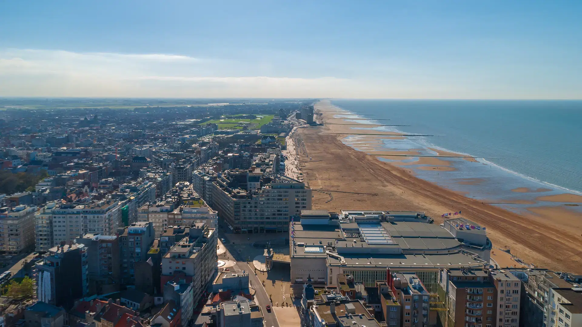 The skyline of Oostende in summer, seen from the highest building of the city, Belgium.