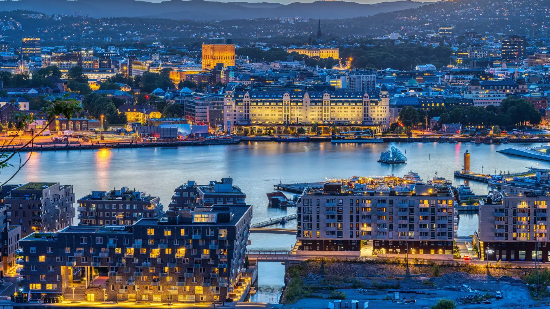 View over Oslo in Norway with the Oslo Fjord after sunset