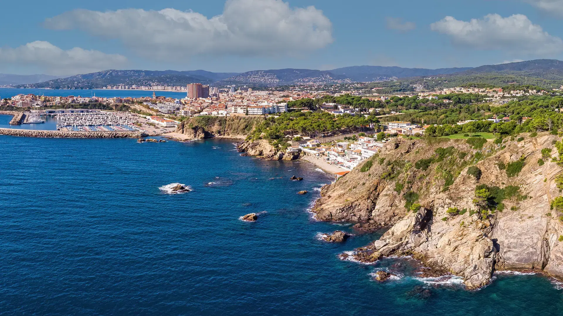 An aerial view of the beautiful coast in Costa Brava of Span in the town of Palamos in Spain