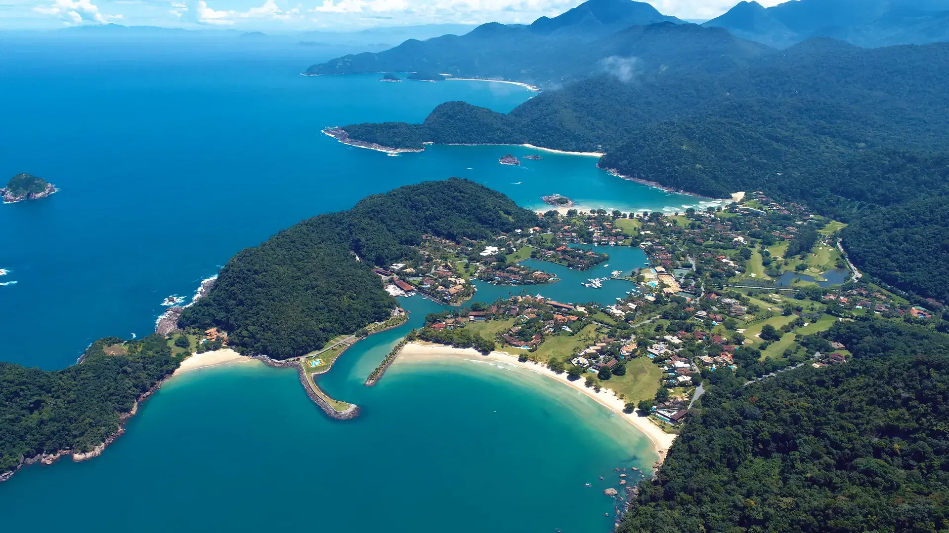 Panoramic view of bay of Paraty in the sunny day, Rio de Janeiro, Brazil. Great landscape. Travel destination. Vacation travel. Tropical travel.