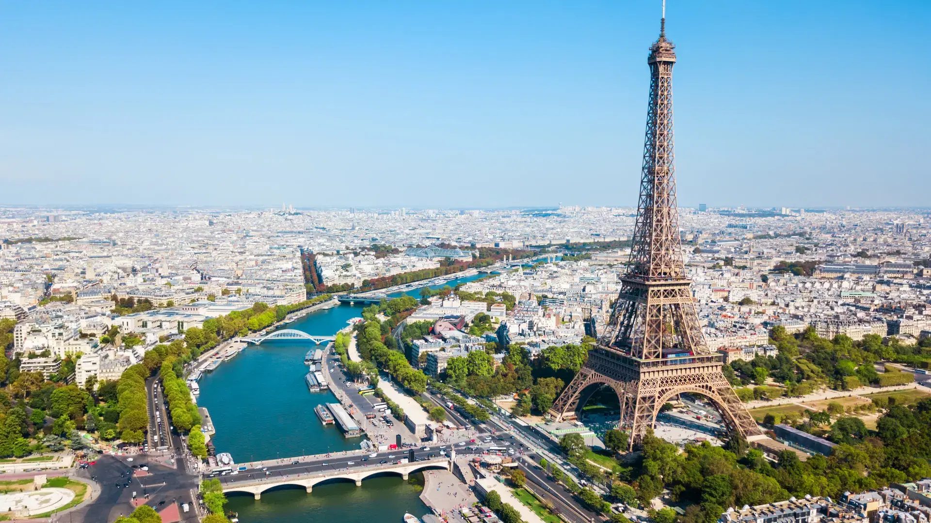 Eiffel Tower or Tour Eiffel aerial view, is a wrought iron lattice tower on the Champ de Mars in Paris, France