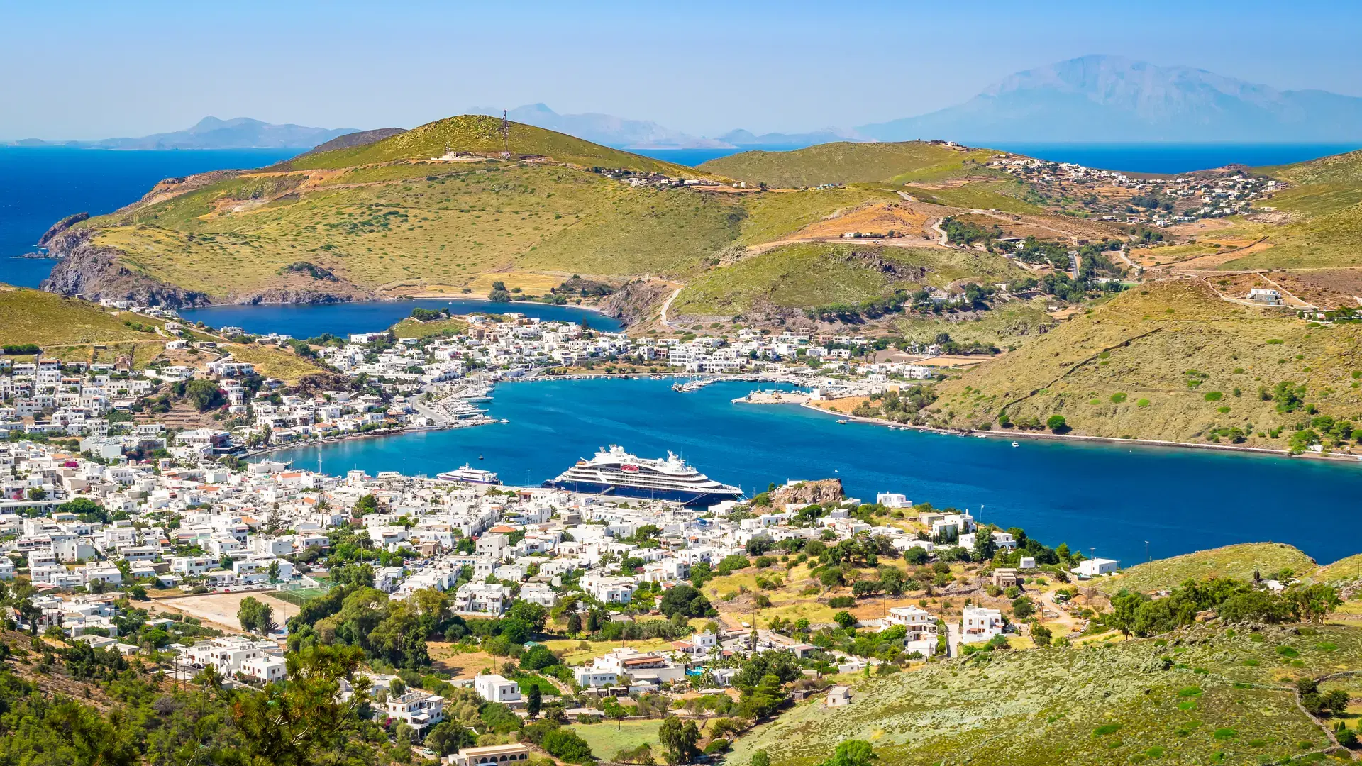 Panoramic harbor landscape of Greek Island Patmos.
