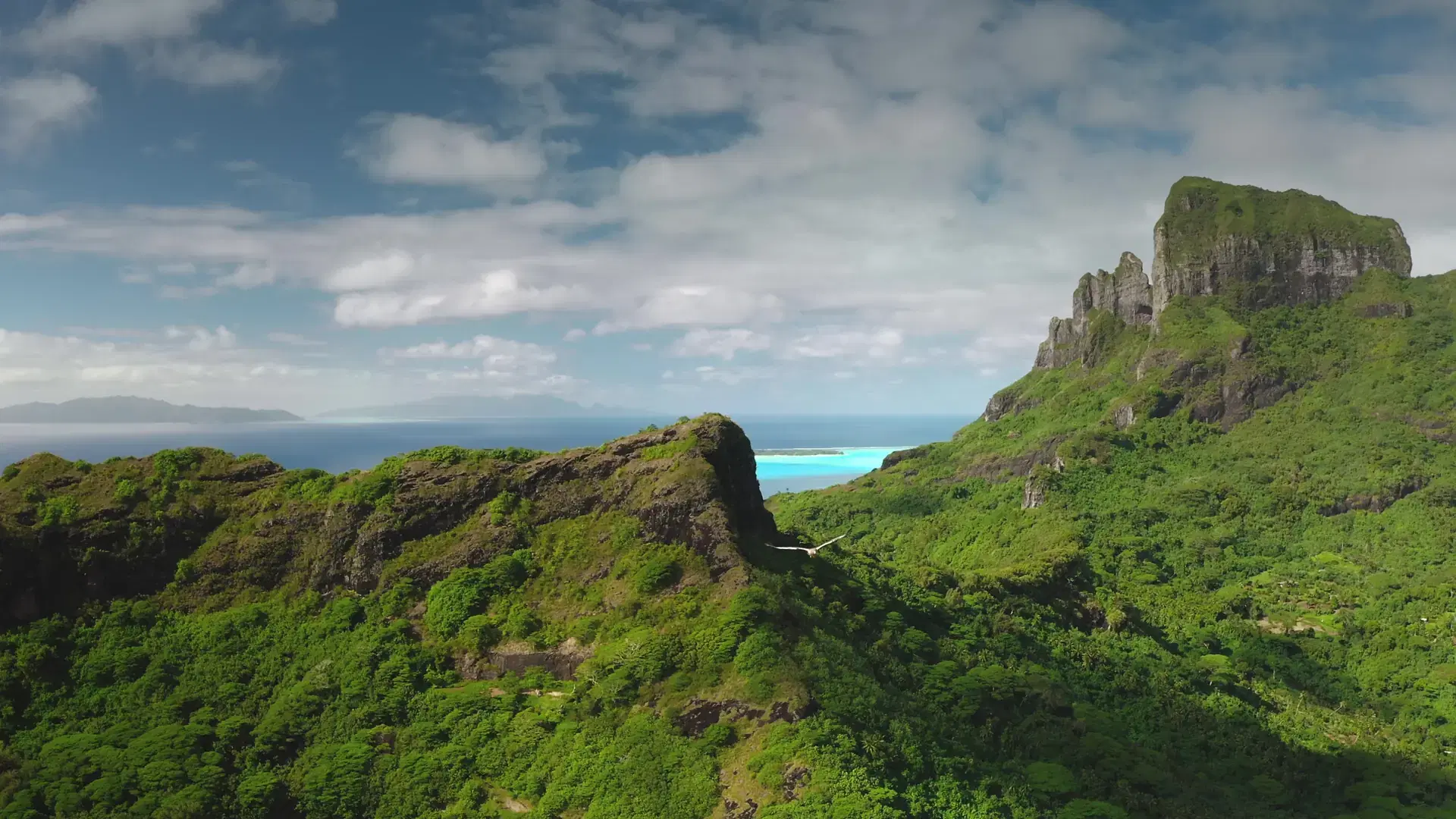 Mountain Otemanu dominates over green topical jungle landscape of Bora Bora volcanic island in French Polynesia, turquoise lagoon and coral reefs. Aerial drone view, bird fly over wild nature scene