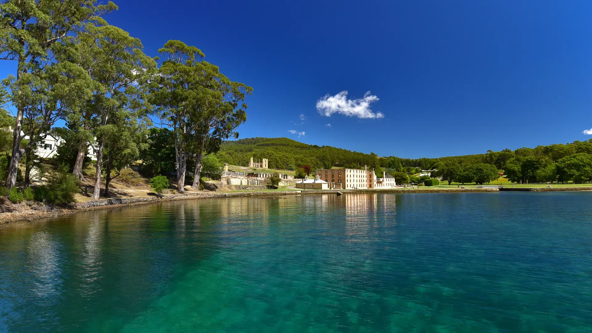 Port Arthur and the water of the harbor in Tasmania, Australia