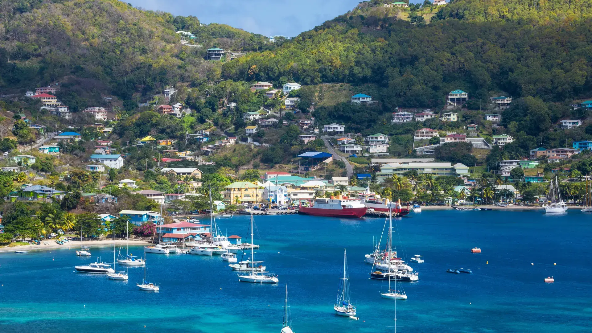 View of Admiralty Bay and Port Elizabeth, Bequia, The Grenadines, St. Vincent and The Grenadines, West Indies, Caribbean, Central America