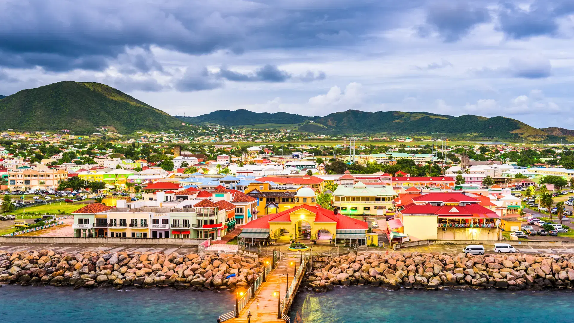 Basseterre, St. Kitts and Nevis town skyline at the port.