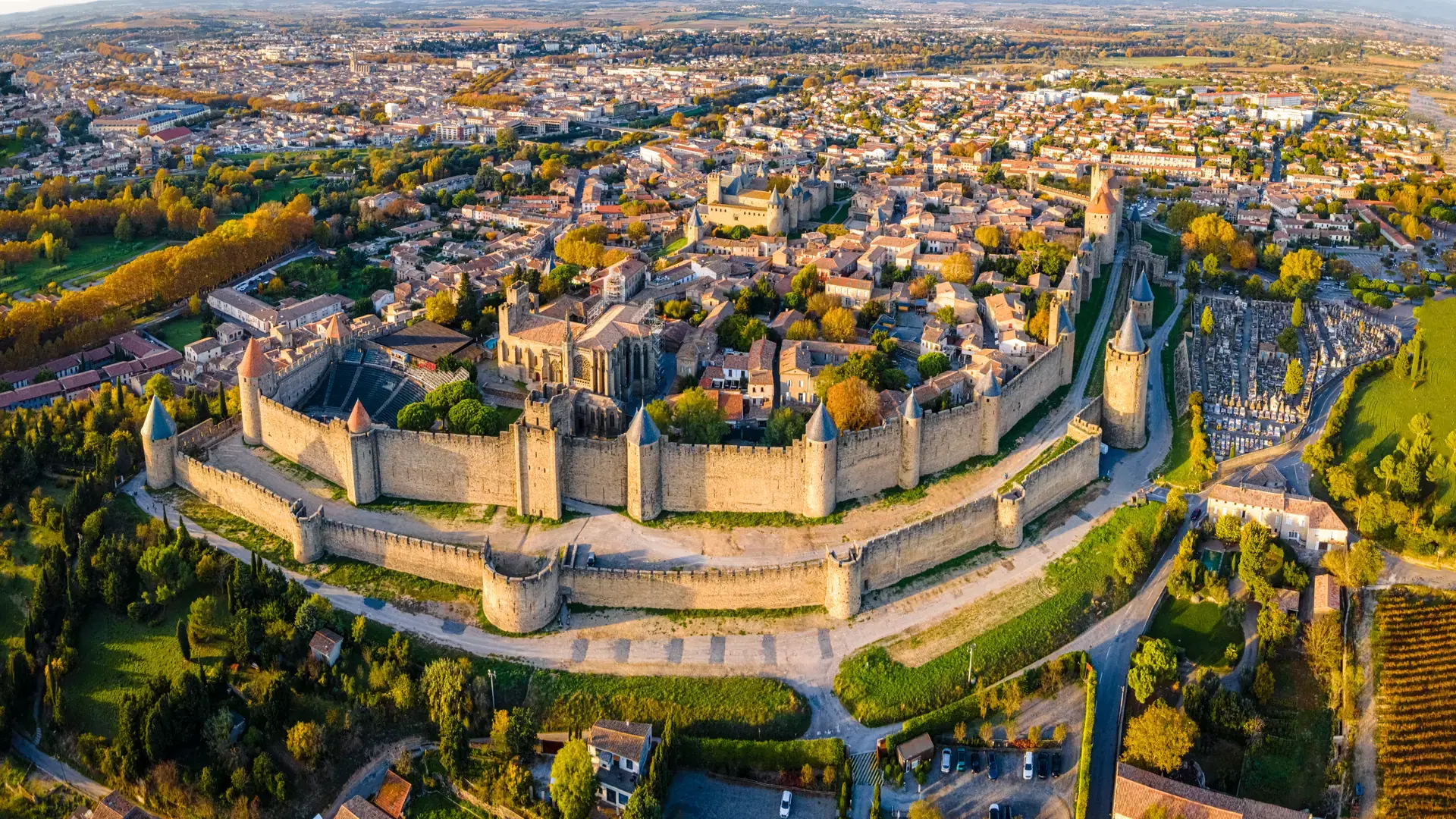 Aerial view of Carcassonne, a French fortified city in the department of Aude, in the region of Occitanie, in France