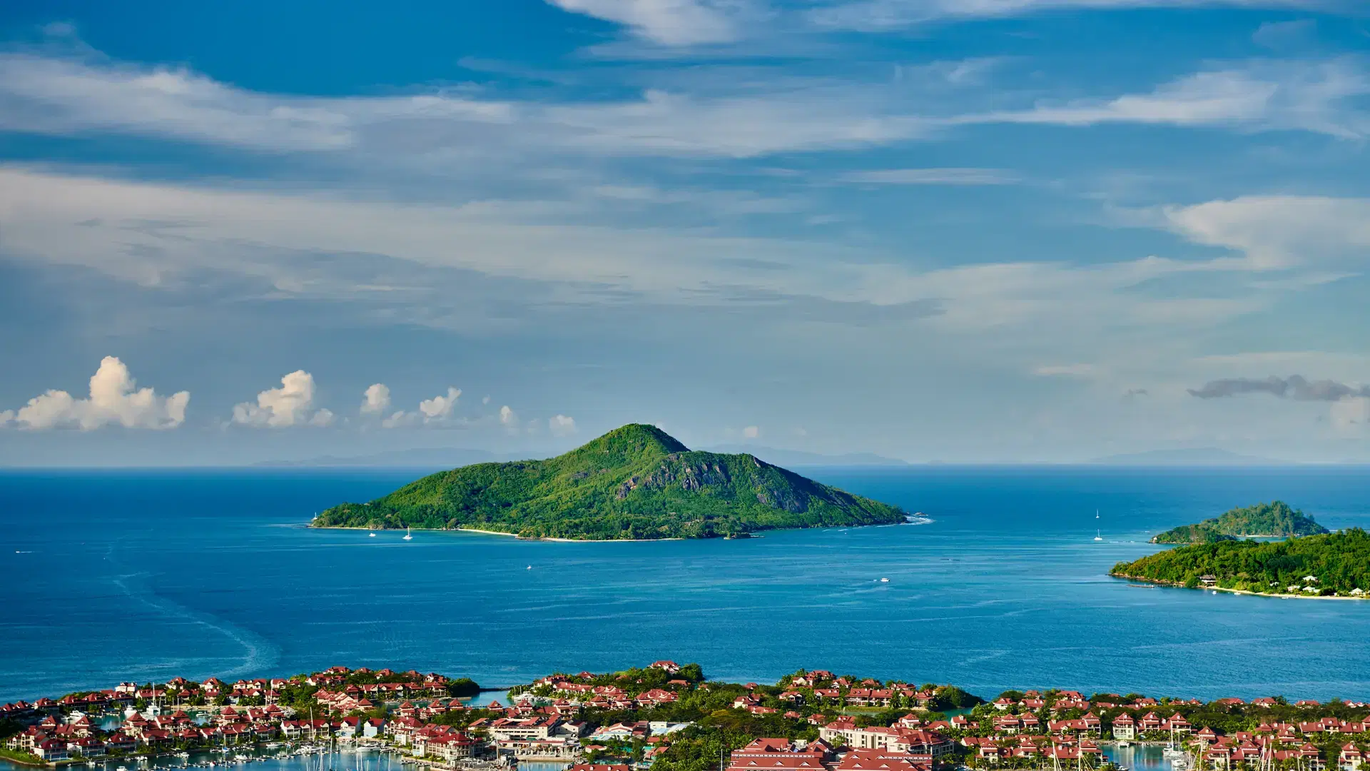 Overlook of Eden Island and Saint-Anne Marine National Park in Victoria, Seychelles, Mahe island.