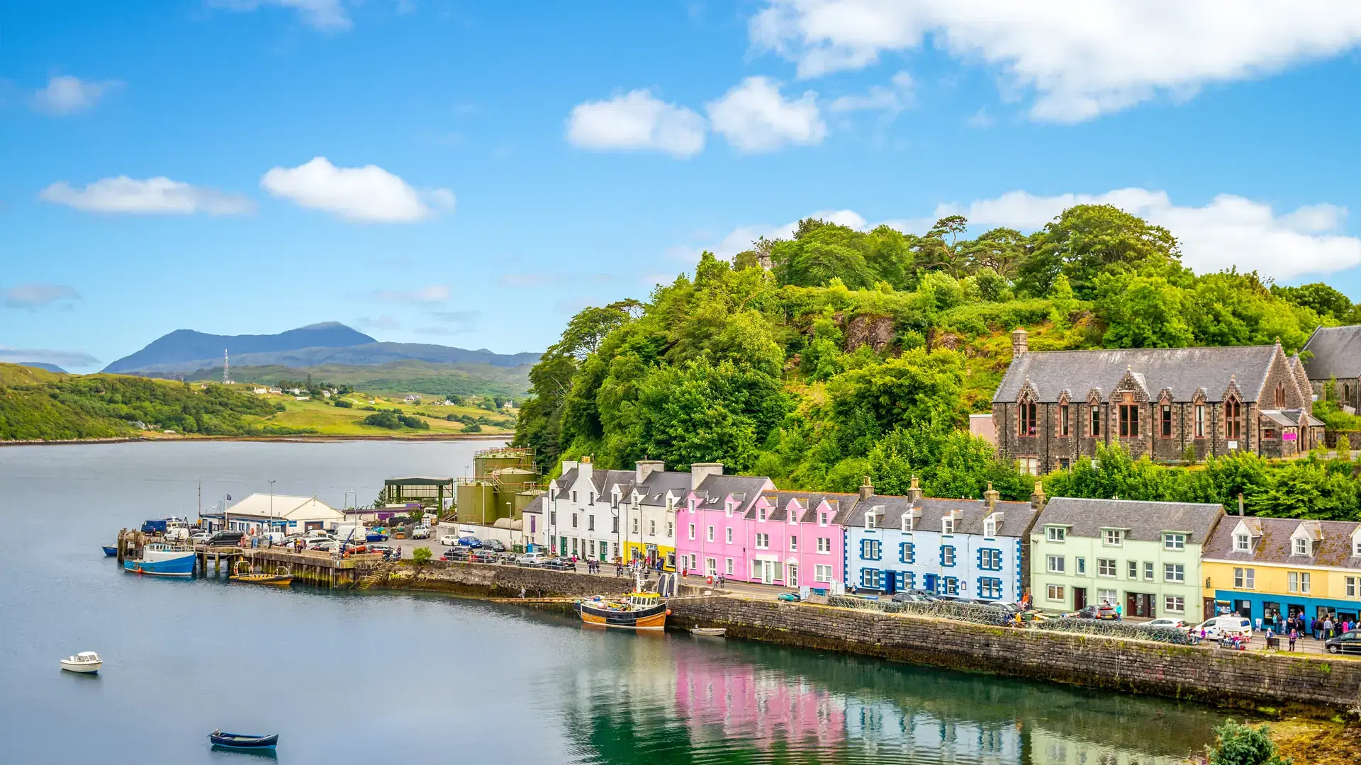 landscape of the Portree harbor in scotland, uk