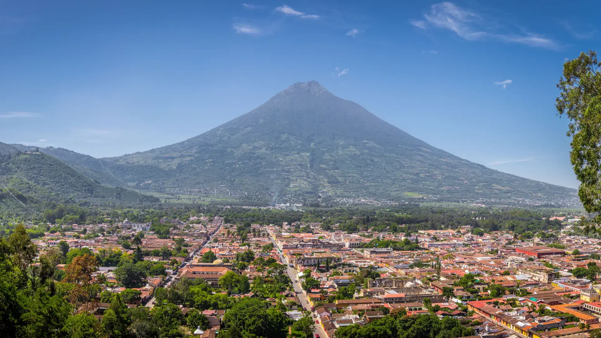 Panoramic view of Antigua Guatemala with Agua volcano in the background