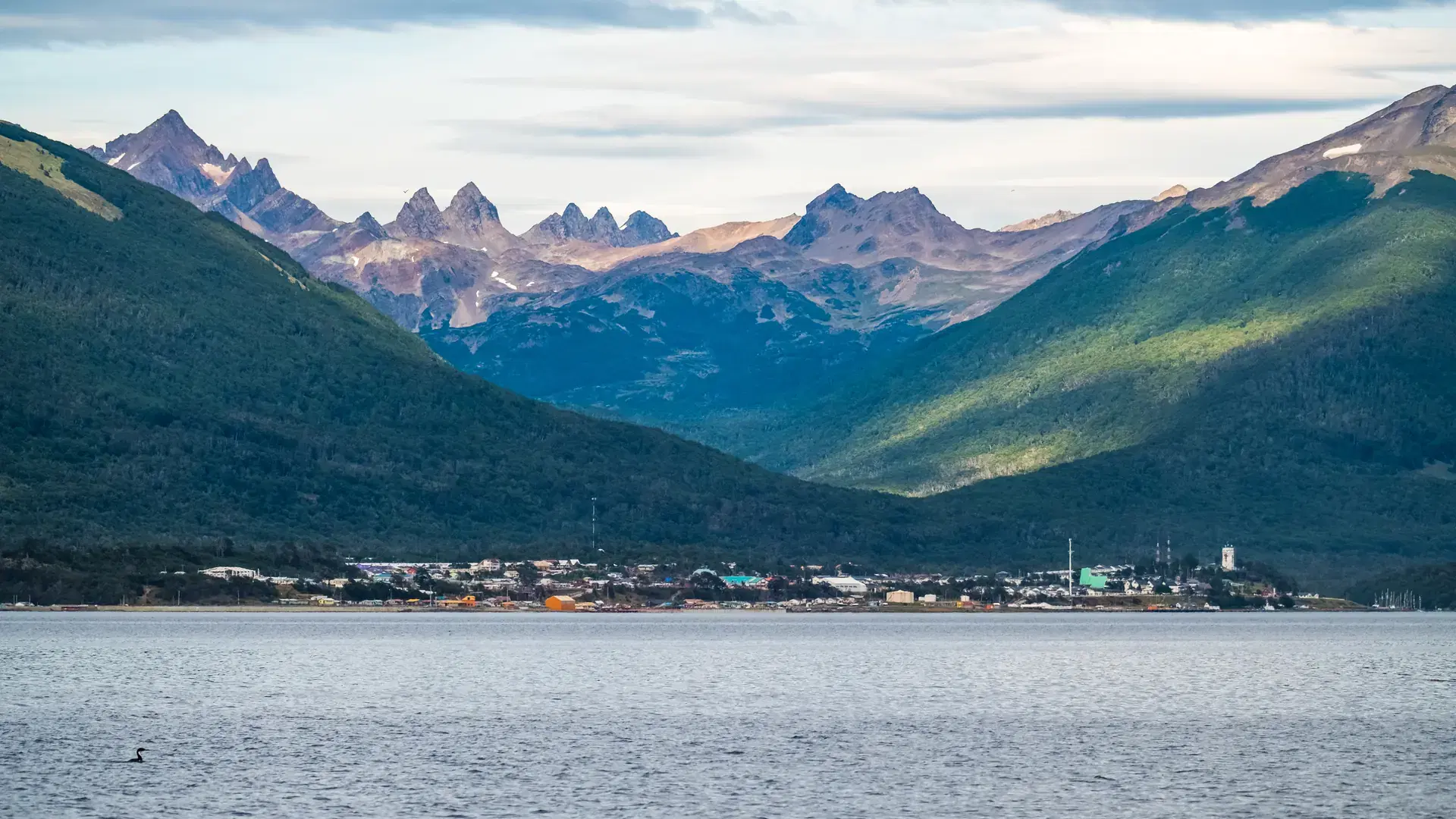 Town of Puerto Williams, the southernmost town in the world, view from Beagle Channel. Chile