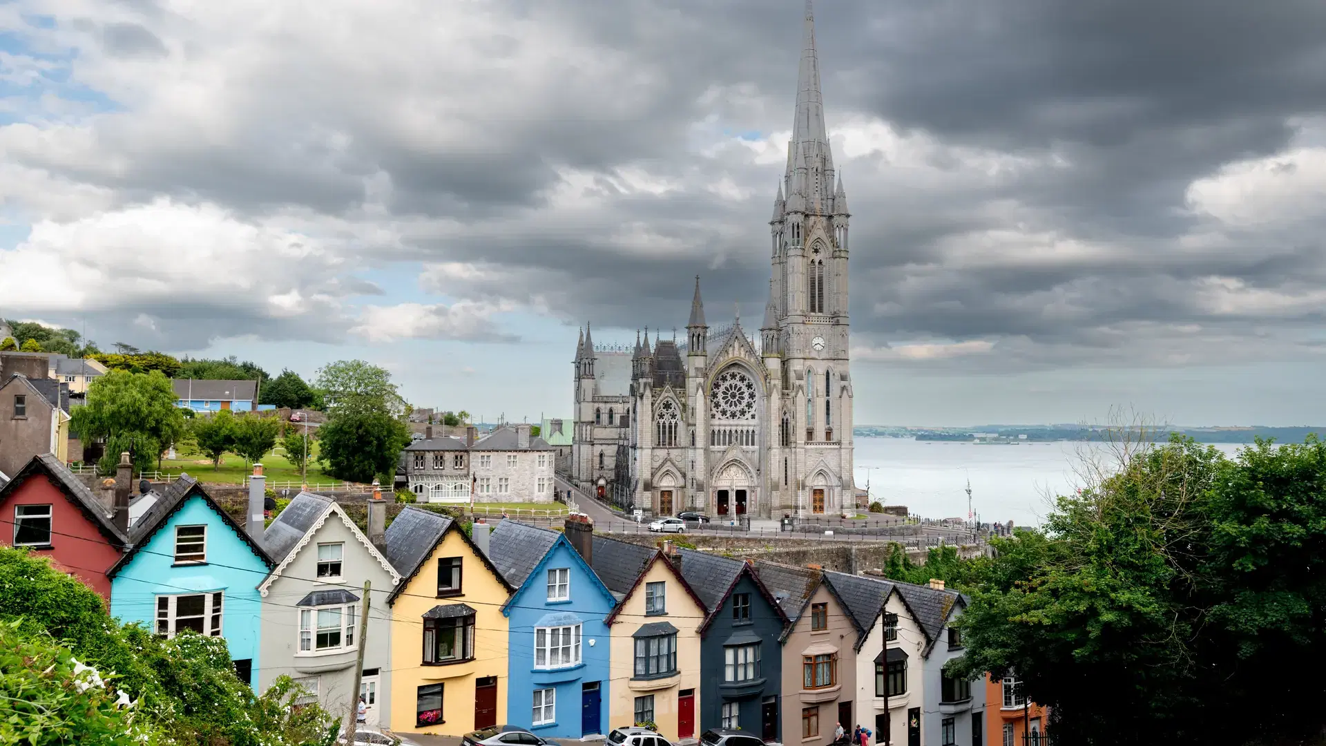 Deck of cards houses and st colmans cathedral at Cobh city Ireland Europe Cork County