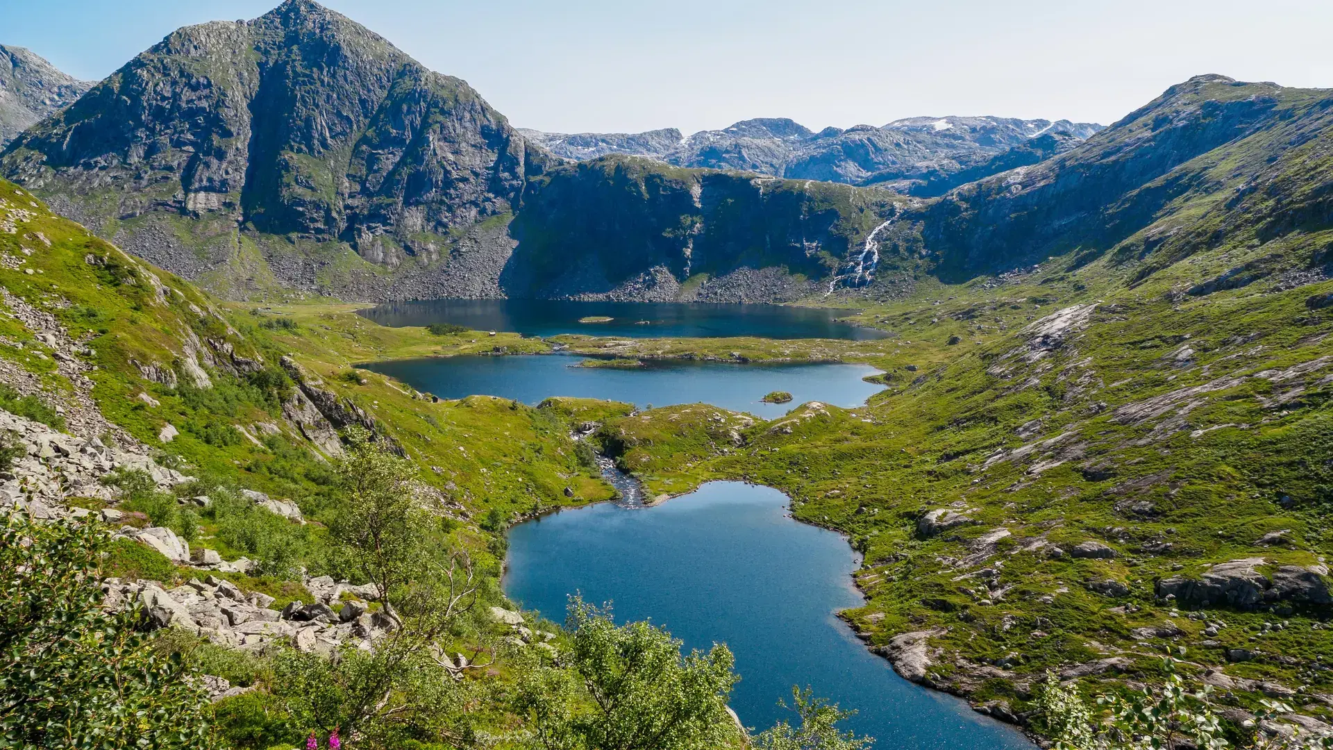 View of mountains and lakes in Folgefonna National Park near Rosendal village, Norway