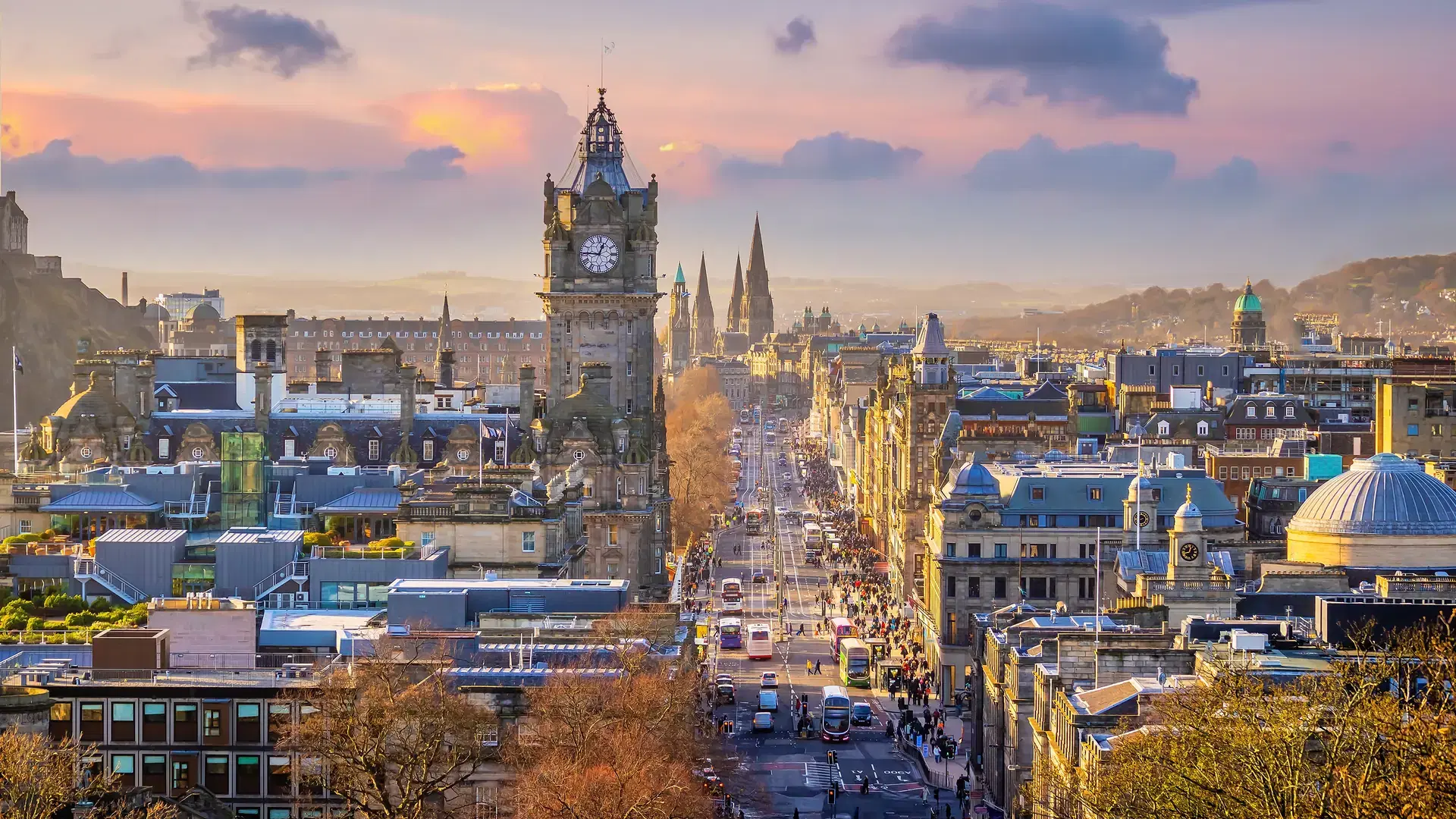 Old town Edinburgh city skyline. Cityscape in Scotland at sunset