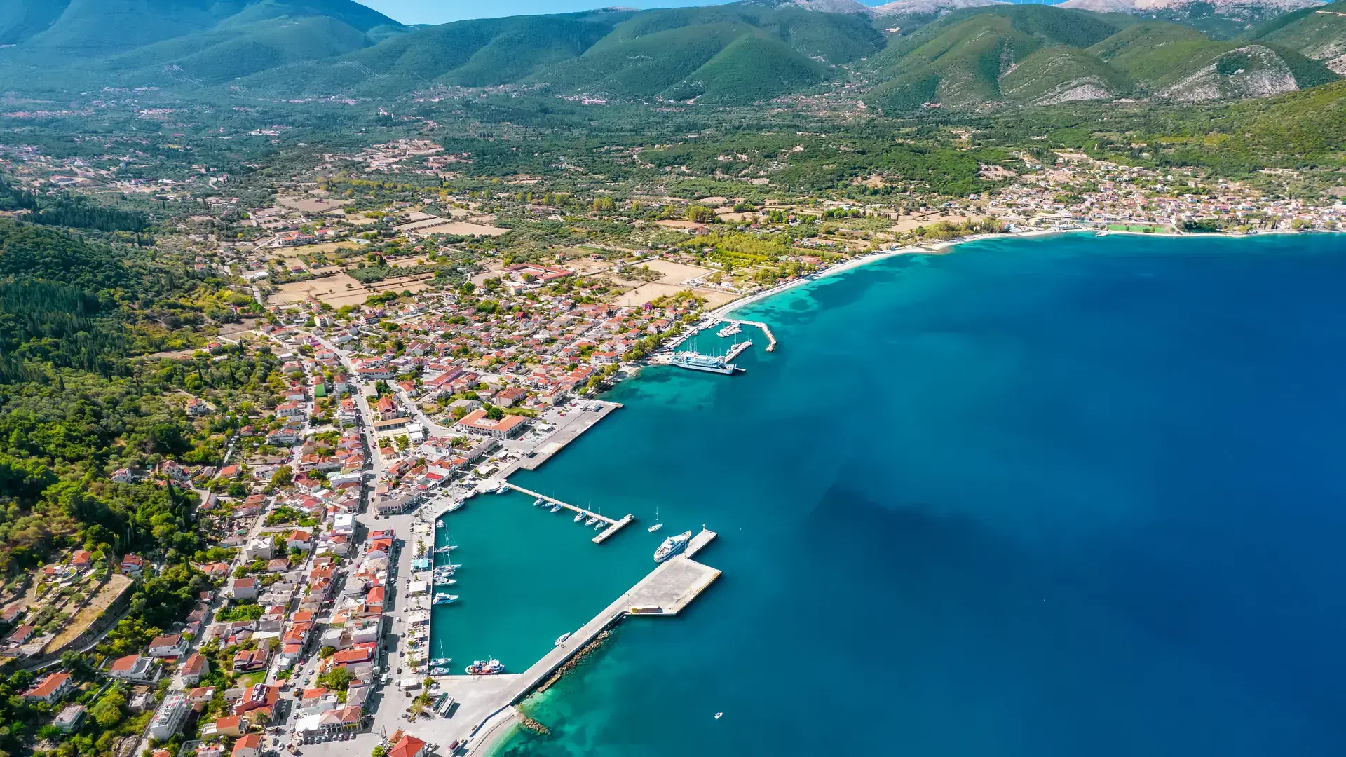 Aerial view of the Sami port town on a beautiful Kefalonia island in Greece. Travel destination on Cephalonia island