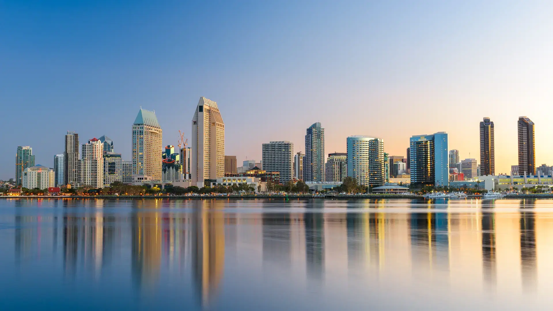 San Diego, California, USA downtown skyline at the Embarcadero at dusk.