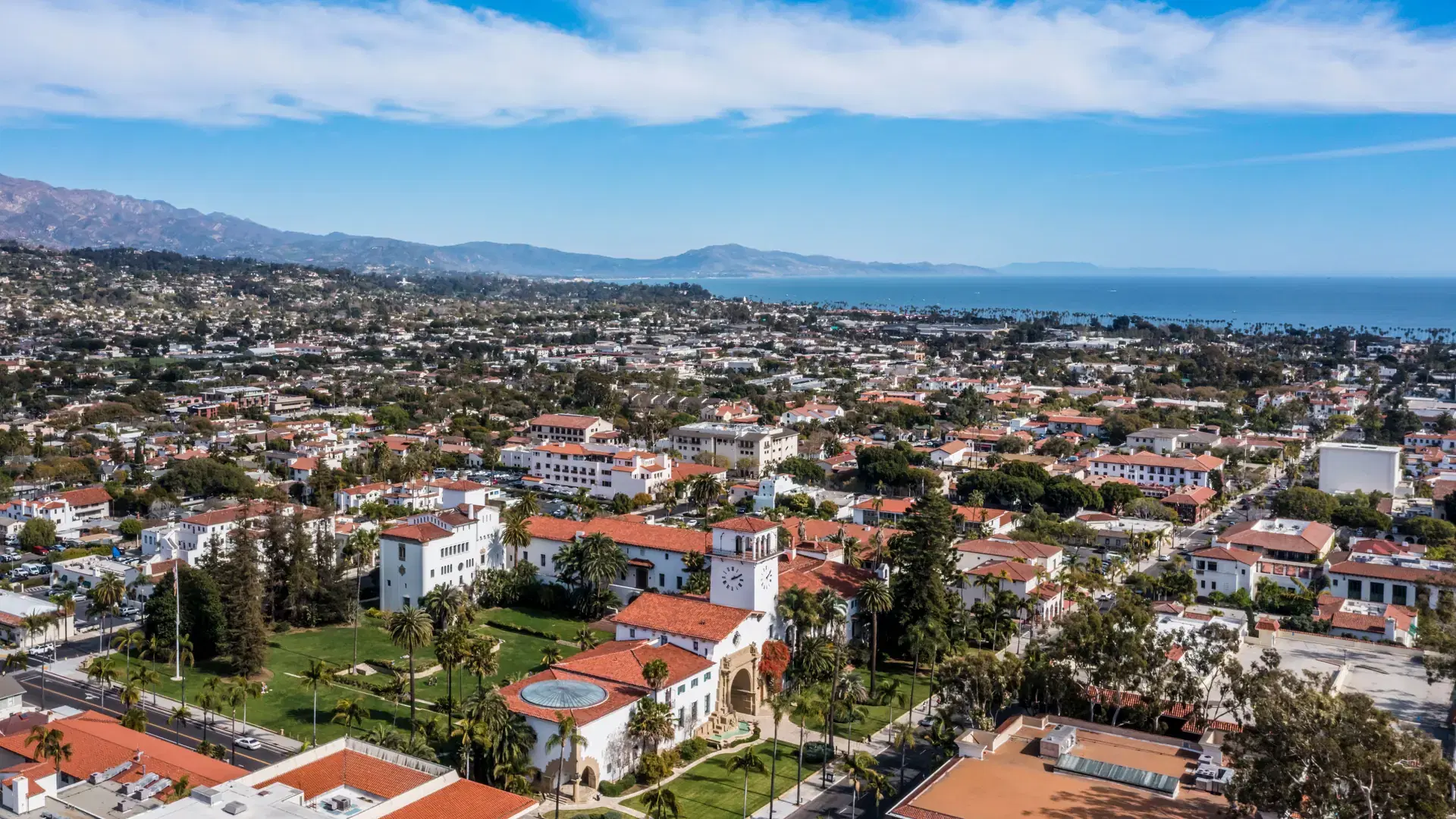 An aerial shot of the buildings of Santa Barbara California, USA