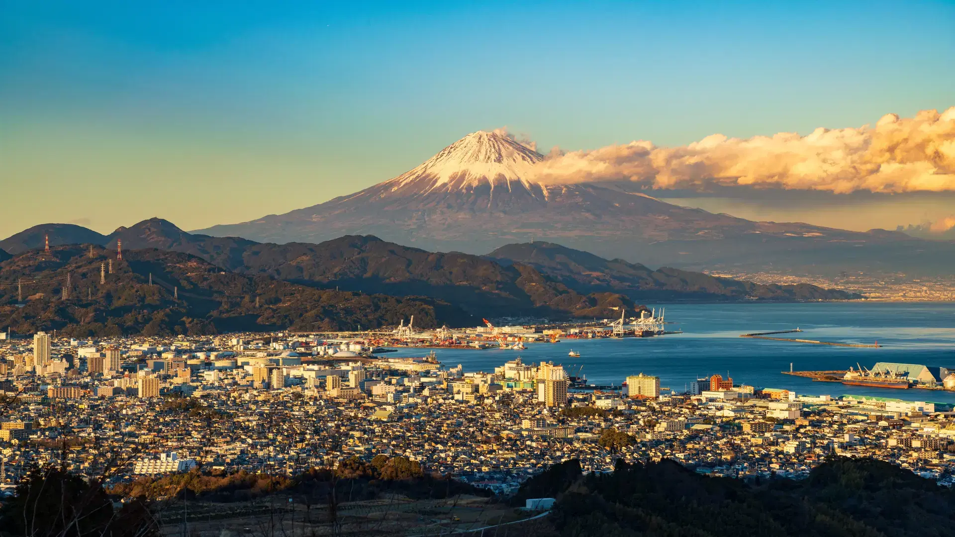 Mountain Fuji and Shimizu port in a background during sunset, Shizuoka city, Japan