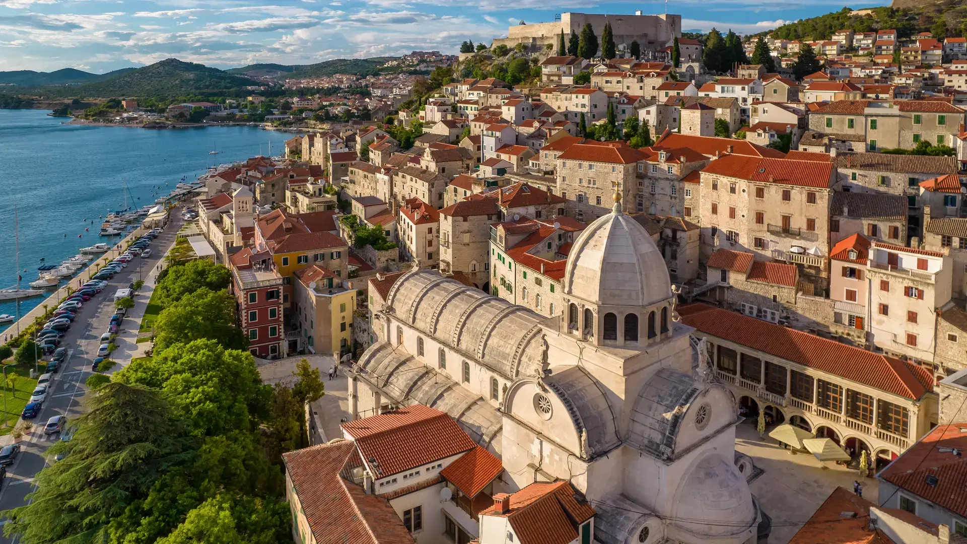 Aerial view of the Cathedral of Saint James at sunset in Sibenik old town, Dalmatia, Croatia. Famous historic and touristic town in Croatia. UNESCO World Heritage List.
