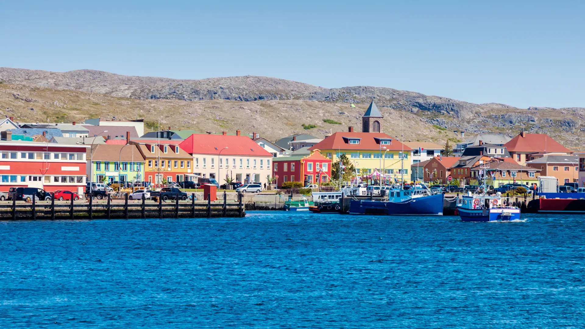Saint Pierre panorama from the sea. Saint Pierre, Saint Pierre and Miquelon.