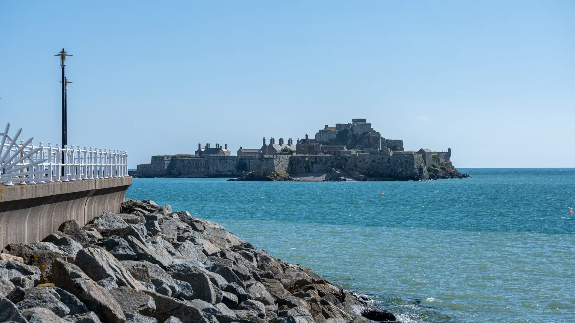 The iconic Elizabeth Castle guarding the entrance to St Helier harbour of the British Crown Dependency of Jersey, Channel Islands, British Isles.