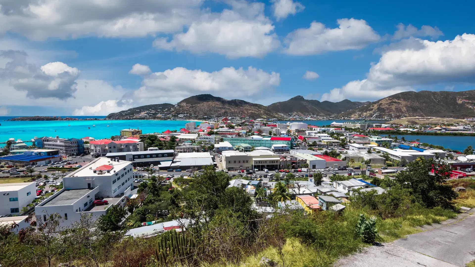 Philipsburg St Maarten panoramic cityscape.