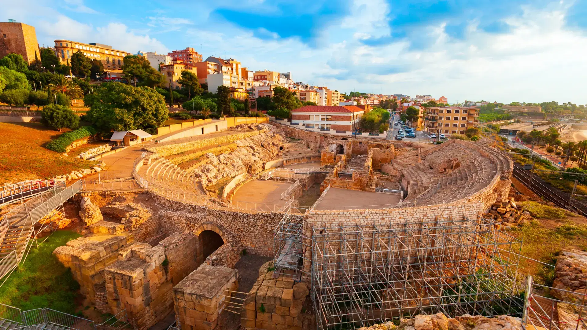 Tarragona Amphitheatre aerial panoramic view. Tarragona Amphitheatre is a Roman amphitheatre in the city of Tarragona in the Catalonia region of Spain.