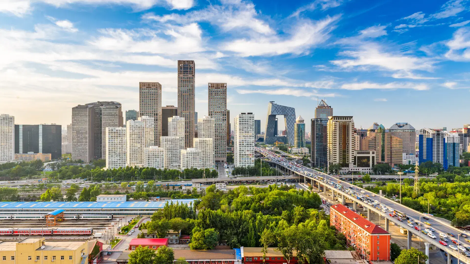Beijing, China modern financial district skyline on a nice day with blue sky.